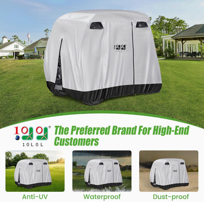 500D Waterproof Golf Cart Cover Universal Fits for Club Car, E-Z GO, Yamaha and Most Brand 4 Passenger All-Weather Polyester Full Cover with Three Zipper Doors