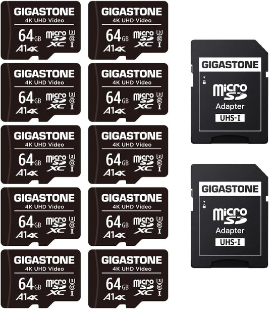 64GB 10-Pack Micro SD Card, 4K UHD Video, Surveillance Security Cam Action Camera Drone Professional, 90Mb/S Micro SDXC UHS-I A1 Class 10