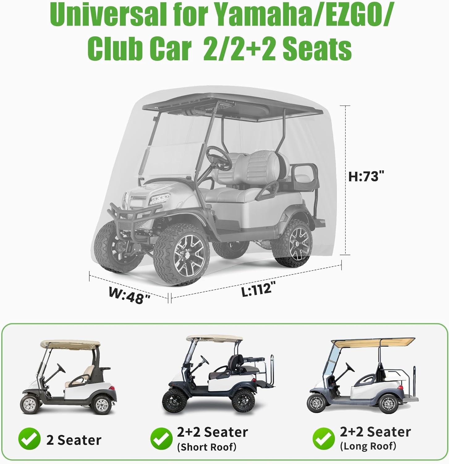 500D Waterproof Golf Cart Cover Universal Fits for Club Car, E-Z GO, Yamaha and Most Brand 4 Passenger All-Weather Polyester Full Cover with Three Zipper Doors