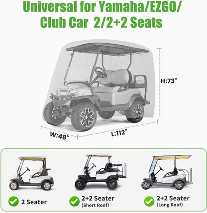 500D Waterproof Golf Cart Cover Universal Fits for Club Car, E-Z GO, Yamaha and Most Brand 4 Passenger All-Weather Polyester Full Cover with Three Zipper Doors