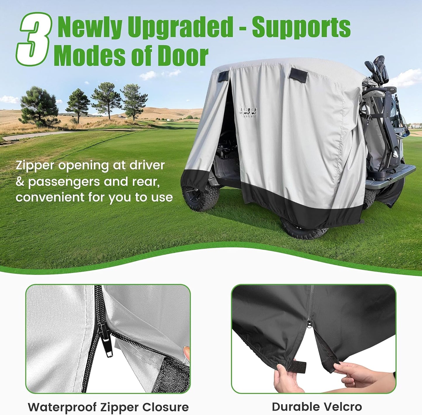 500D Waterproof Golf Cart Cover Universal Fits for Club Car, E-Z GO, Yamaha and Most Brand 4 Passenger All-Weather Polyester Full Cover with Three Zipper Doors