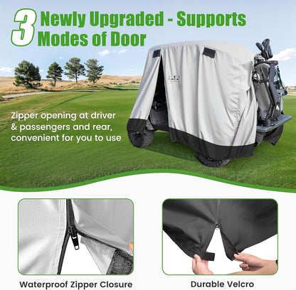 500D Waterproof Golf Cart Cover Universal Fits for Club Car, E-Z GO, Yamaha and Most Brand 4 Passenger All-Weather Polyester Full Cover with Three Zipper Doors