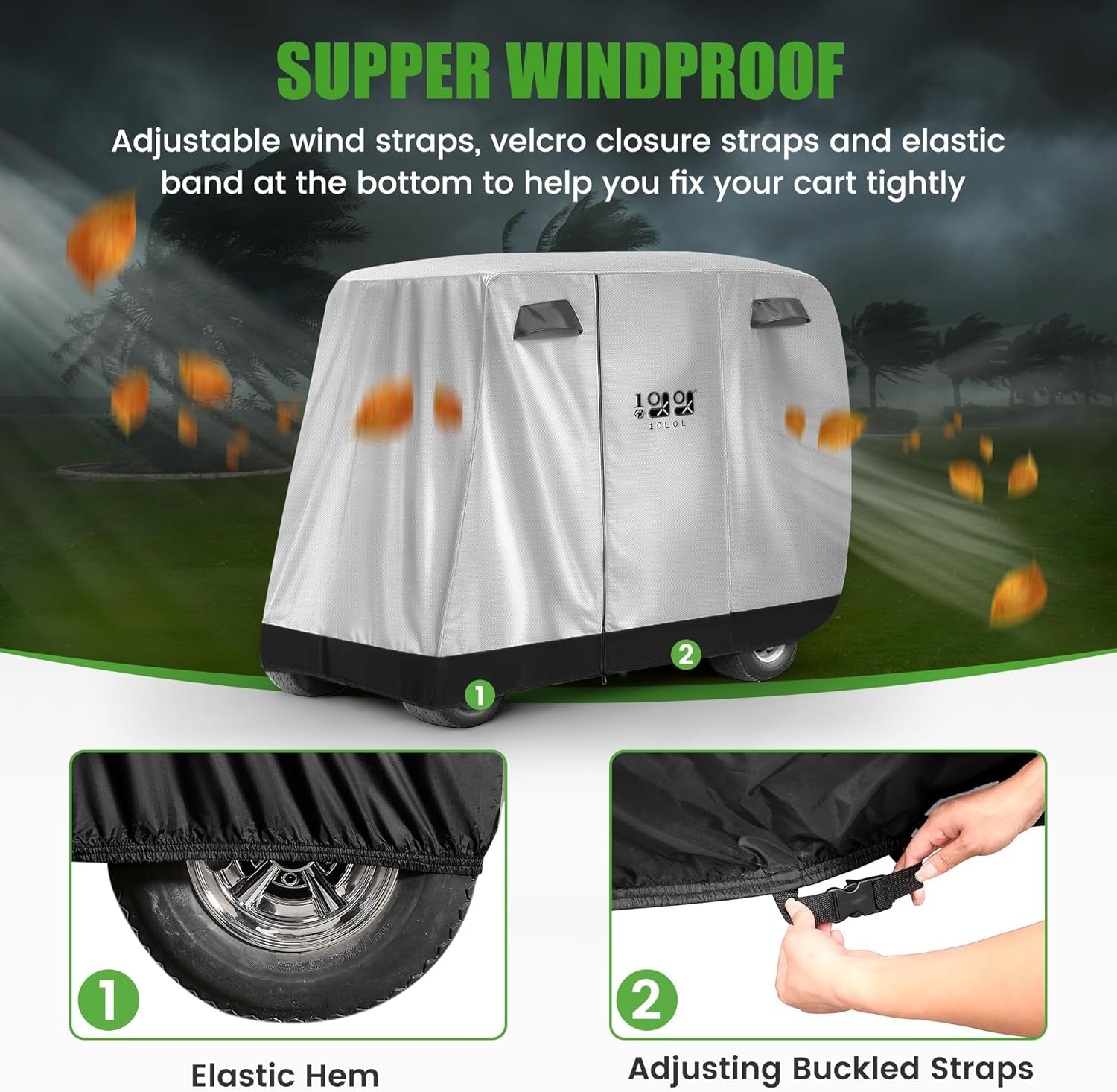 500D Waterproof Golf Cart Cover Universal Fits for Club Car, E-Z GO, Yamaha and Most Brand 4 Passenger All-Weather Polyester Full Cover with Three Zipper Doors