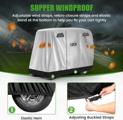 500D Waterproof Golf Cart Cover Universal Fits for Club Car, E-Z GO, Yamaha and Most Brand 4 Passenger All-Weather Polyester Full Cover with Three Zipper Doors